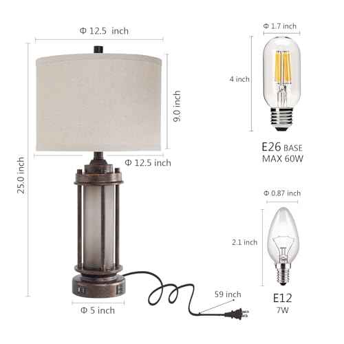 25'' Farmhouse Table Lamp with 2 USB Charging Ports, Rustic Vintage Nightstand Lamp with Frosted Glass Nightlight, Retro Desk Lamp for Living Room Bedroom End Table Entryway, 2 Bulbs Included