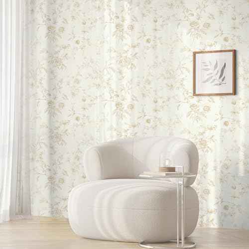 Dimoon 86.6"x17.3" Peel and Stick Wallpaper Contact Paper Boho Beige Wallpaper Brown Floral Removable Wall Paper Flower Self Adhesive Modern for Cabinets and Drawers Bedroom Papel Tapiz para Pared