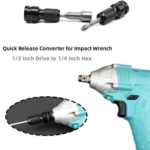 2 Pcs Drill Socket Adapter - 1/2 Inch Square Drive to 1/4 Inch Hex Shank Impact Wrench Adapter with Quick Release Chuck Converter for Impact Ratchet Wrench and Screwdriver Bit Holding Socket
