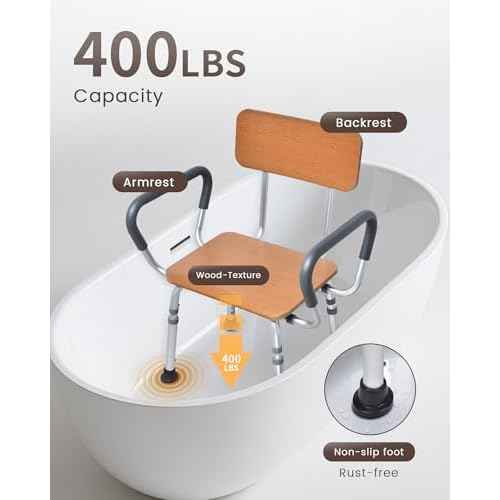 Sangohe Shower Chair for Inside Shower with Arms and Back, Height Adjustable Shower Chair for Elderly and Disabled, Wood Seat Board and Back, 400 lbs Heavy Duty Shower Seat for Seniors, 796A