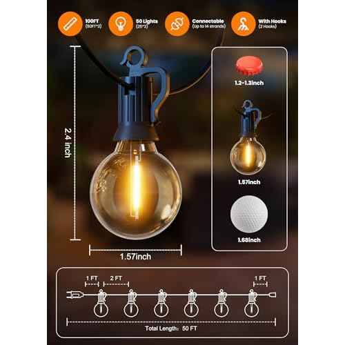 Outdoor-String-Lights-Paio-Lights, 100FT (50FT*2) 50+2 Shatterproof Bulbs Outdoor Patio Lights, IP65 Waterproof Connectable Hanging Outside Light for Backyard, Porch, Deck, Balcony, 2200K