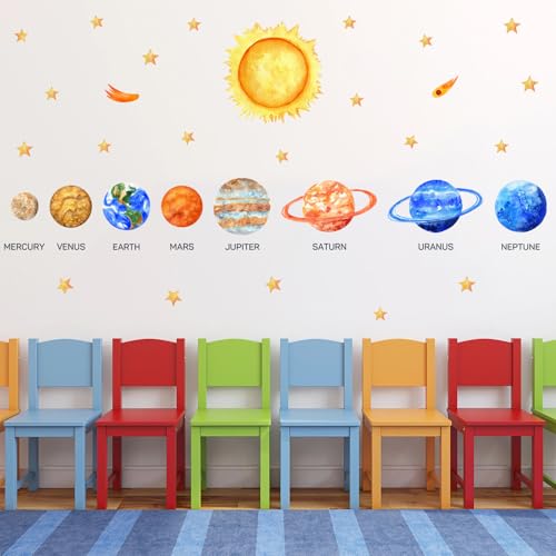 HLNIUC Solar System Wall Sticker Peel and Stick 35¡±x12¡±Kids Space Planets Wall Decal Science Education Window Clings Planet Starry Sky Self Adhesive Room Stickers Outer Space Room Decals for Classroom