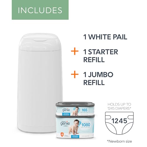 Diaper Genie Classic Diaper Pail Gift Set | Push-N-Lock Odor Control | Includes Starter Refill and Jumbo+ Refill | Holds up to 1,245 Newborn Diapers | Baby Registry Must-Have