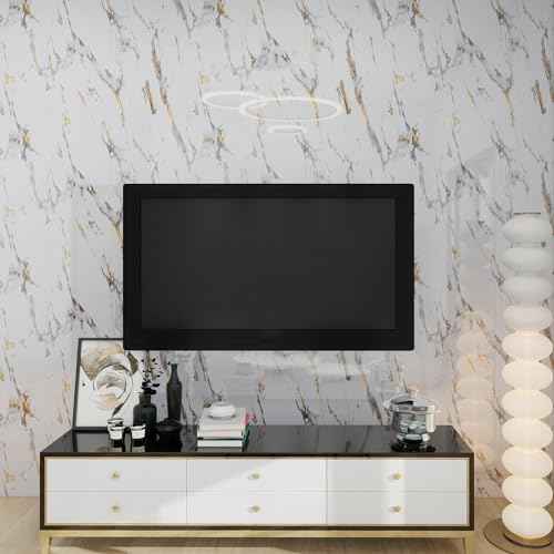 Yun-aeon Thick Marble Contact Paper for Countertops 15.7"x 78.7" - White and Gold Glossy Peel and Stick Wallpaper Self-Adhesive Removable Countertops for Kitchen Bathroom Cabinets