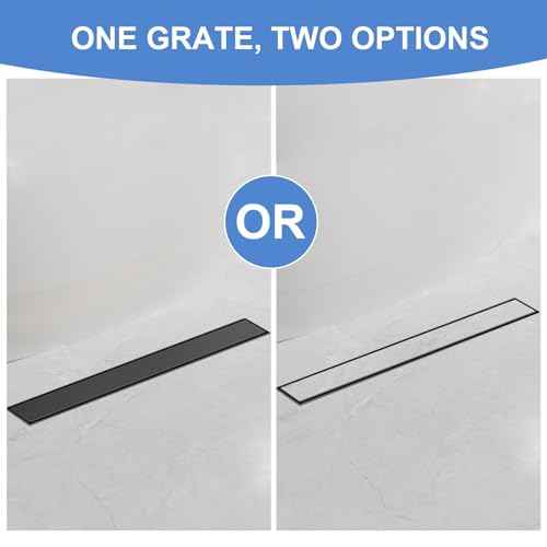 24-Inch Linear Shower Drain with Tile Insert Grate, SUS 304 Stainless Steel Linear Drain, Matte Black Long Rectangle Shower Floor Drain with Leveling Feet, Hair Strainer, Fits Bathroom