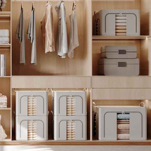 Pinkpum 3 Pack Clothes Storage Bins with Metal Frame, Closet Organizers and Storage Boxes, Stackable & Foldable Clothes Organizer Bags with Large Clear Window & Long Carry Handles, Beige 66L