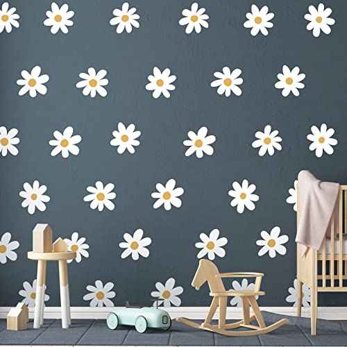BBTO Daisy Wall Decal Flower Vinyl Wall Decals Daisy Stickers Floral Decals Peel and Stick for Nursery Art Bedroom Living Room(Simple Style,White)