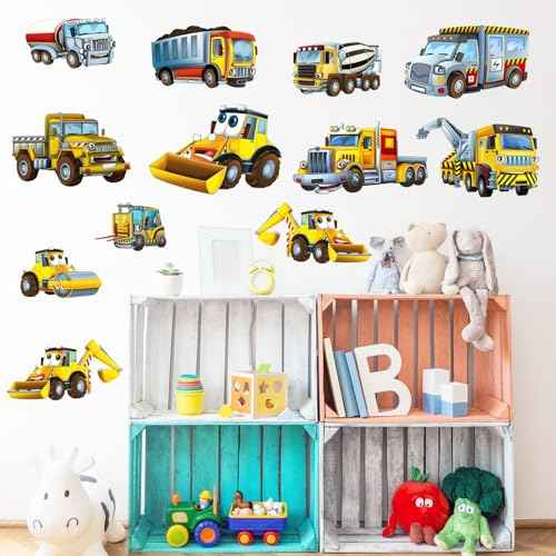 Large Construction Cars Wall Stickers 12 PCS Truck Wall Decals for Kids Room, Cartoon Excavators & Rollers Wall Decor Posters Lovely Vehicles Art Murals Decorations for Nursery Playroom