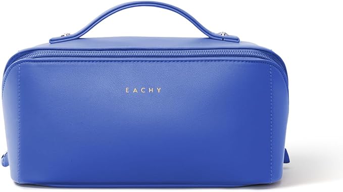 EACHY Travel Makeup Bag, Large Capacity Cosmetic Bag for Women, Waterproof PU Leather, Flat Open Portable Toiletry Bag for Skincare, Brushes & Travel Essentials