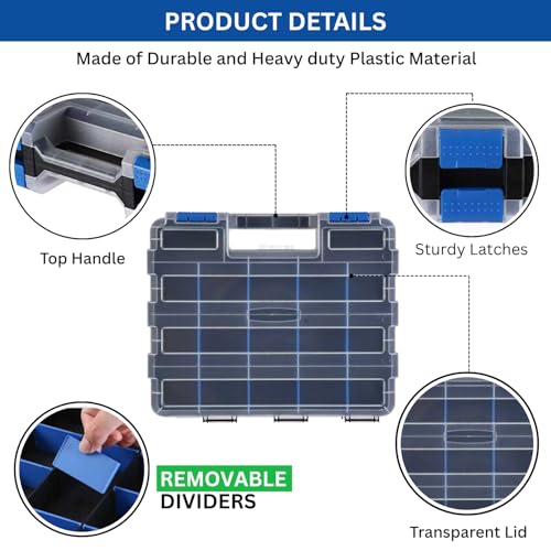 Andalus Tools Organizer Box, Small Parts Storage 34-Compartment Double-Sided Portable Hardware Organizer Removable Plastic Dividers for Screws, Nuts, Bolts, Nails ? Blue (2 Pack, 12.5" x 10.5" x 3")