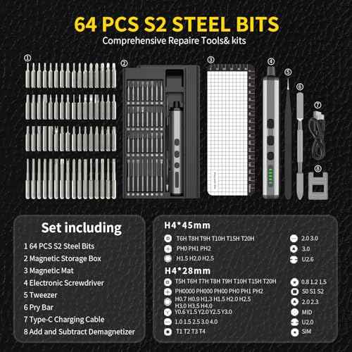 Mini Electric Screwdriver Set,3.7V Power Screwdriver Cordless Rechargeable,4 LED Lights,64 S2 Magnetic Bits,Magnetic Storage,Portable Repair Tool Kit for Electronics Watch Camera Phone Laptop (Grey)