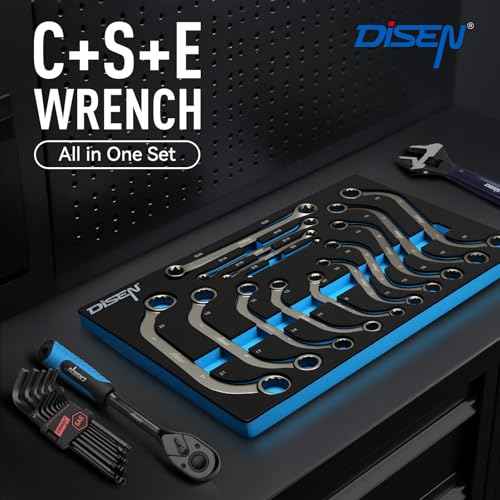 DISEN 14-Piece Half Moon&S-Style & E-Torx Wrench Set, CR-V, Wrench 5-Piece Half Moon Box Set Metric 8mm to 22mm,4-Piece E-Torx E6-E24,5-Piece S-Style Box 10-19mm,12 Point, EVA Foam Tool Organizer