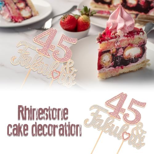 45 & Fabulous Gold & Pink Rhinestone Cake Topper - Happy 45th Birthday Cheers to 45 Years Old Bday Party Metal Sparkly Food Centerpieces Topper Decorations Keepsake.