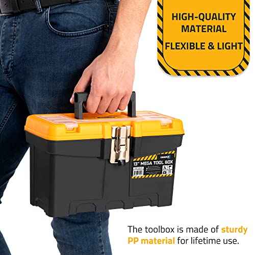 CANOPUS Plastic Toolbox, 13-inch Portable Mega Tool Box with Metallic Clutch, Tool Organizer with Extra Storage Tray for Home Tools, Nails and Pins, Black-Yellow