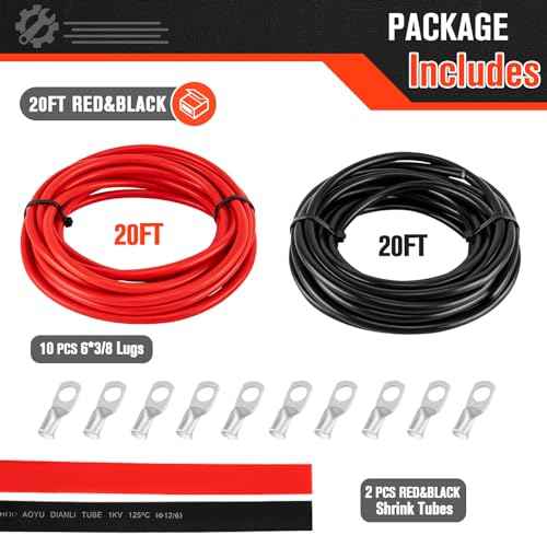 6 Gauge Wire 6 Awg Wires 20 FT Black + 20 FT Red, 6 Gauge Battery Cable 6awg Marine Wires, 6awg Copper Wire Welding Cable Standard with Cable Lugs Terminal Connectors and Heat Shrink Tube