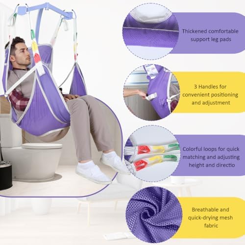 EZ Assistive Universal Full Body Patient Lift Sling with Commode Opening for Elderly & Disabled, Safe Working Load 500 lbs, Large Purple