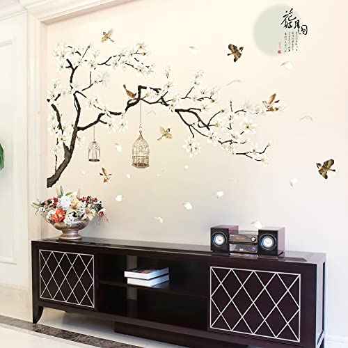 Large White Flower Wall Stickers, 50"x74" Removable DIY Romantic Cherry Blossom Tree Wall Murals Peel and Stick 3D Wall Art Stickers Home Decor for Gilrs Bedroom Nursery Rooms Living Room