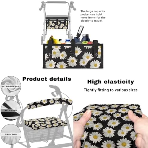 LedBack Rollator Walker Accessories 3 Pack Daisy Rollator Walker Seat and Backrest Rollbar Covers Soft Universal Walkers Seat Covers Organizer Pouch Storage