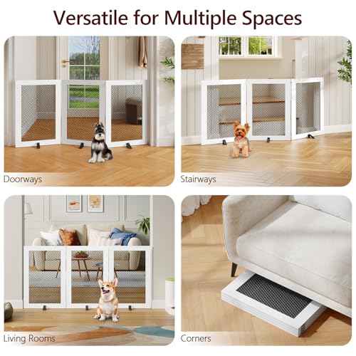 Freestanding Dog Gate Indoor, Foldable Wooden Pet Gate for The House Stairs Doorways, 4 Panels Tall Dog Fence with Support Feet, 59.5"W x 31.5"H, Extra Wide Step Over Fence, White DGHW80101