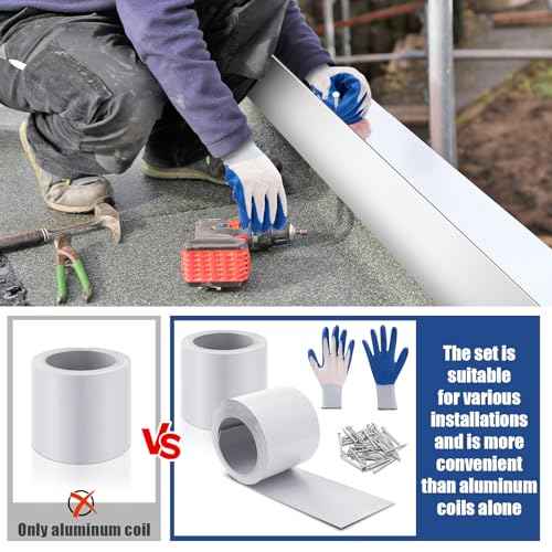 Tandefio 2 Rolls Aluminum Flashing Roll 4 Inch X 25 ft, 0.5 mm Thickness Roof Flashing Metal Flashing Aluminum Sheet Metal Roll with Cut Proof Gloves and Stainless Steel Nail for Roofing Stain