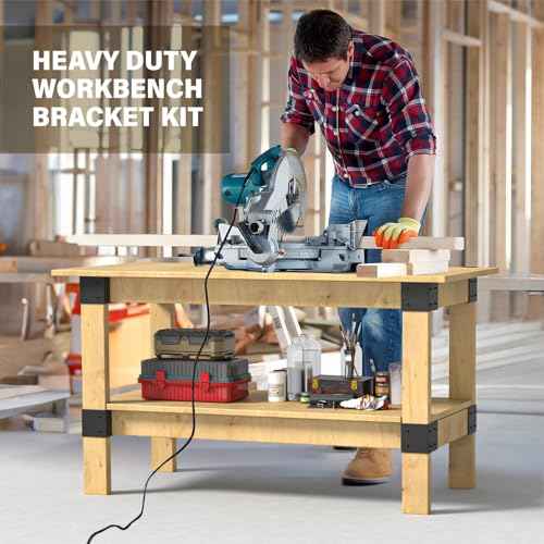 Set of 8 Heavy Duty Workbench Bracket Kit ? 3-Way Right Angle Steel Corner Brackets with Screws for 2x4 (Actual 1.5"x3.5") Wood, Ideal for DIY Garage Workbench, Table Legs, Shelving, and Work Table.