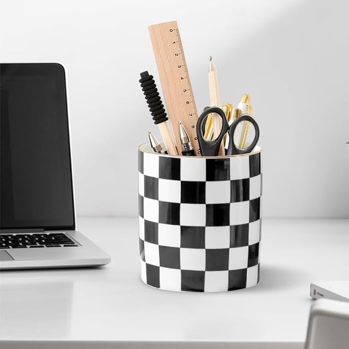 Ceramic Checkered Pen Holder For Desk Cute Stand Gold Line Pencil Cup Pot Desk Organizer, Office Desktop Decor, Makeup Brush Holder for Girls,Women (Black-white)