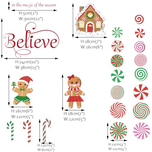 Runtoo Christmas Wall Decals Merry Christmas Peppermint Candy Cane Gingerbread Xmas Quotes Ornaments Window Clings Removable DIY Holiday Glass Floor Sticker Bedroom Door Decor