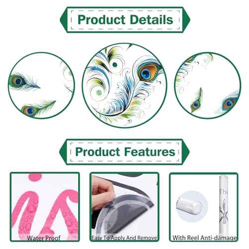 PLIGREAT Peacock Feathers Wall Stickers, Removable Vinyl Peel and Stick Wall Decals Green Tail Feathers Wall Decors for Living Room Bedroom Office Home Indoor DIY TV Background Wall Decoration