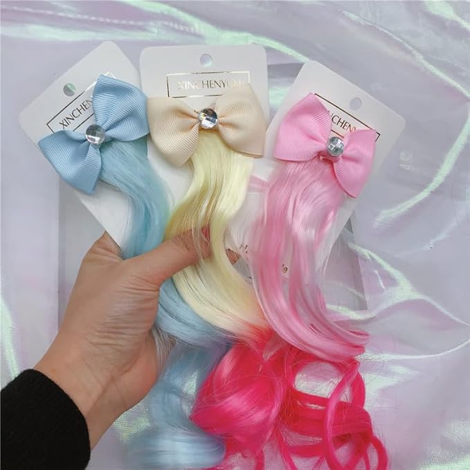 6 Pcs Hair Clips for Girls - 13in Color Hair Extensions Clip for Girls, Curly Clip in Hair Extensions with Cute Unicorn Bow for Toddler Kids Ponytails Accessories