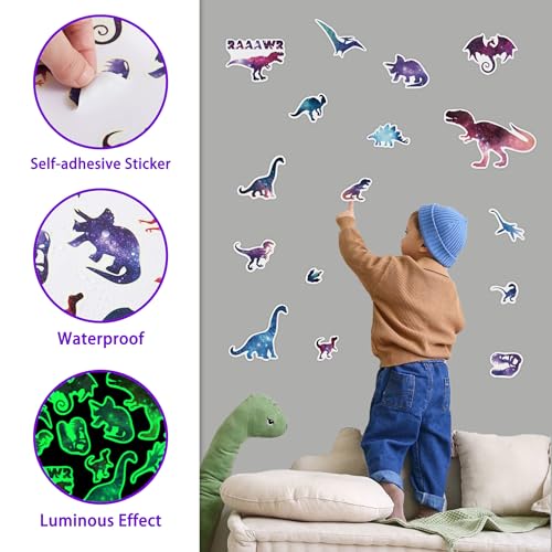 Glow in The Dark Dinosaurs Wall Decals, Glitter Dino Stickers for Boys Room, Luminous Stars Ceiling Decor for Bedroom Playroom Nursery