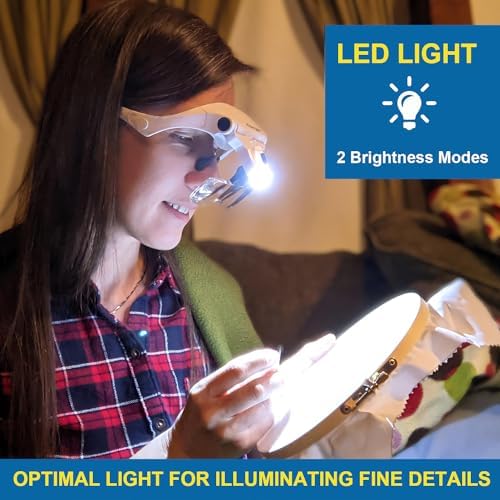 Magnifying Glasses with Light for Close Work, Storage Case | Rechargeable and Hands Free Headband Magnifier, Optivisor for Jewelers, Eyelash, Watch Repair or Cross Stitch