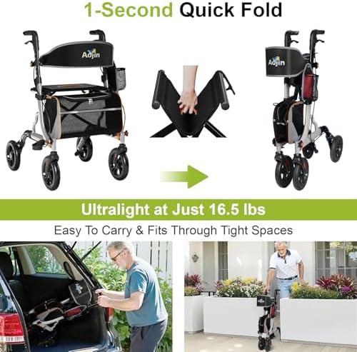 Rollator Walkers for Seniors with Seat, Foldable Walkers for Senior, 8" All-Terrain Wheels, 18" Big Seat, 6-Level Adjustable Height Rolling Walker, 350 lb, Walker for Seniors & Adults (Sliver)
