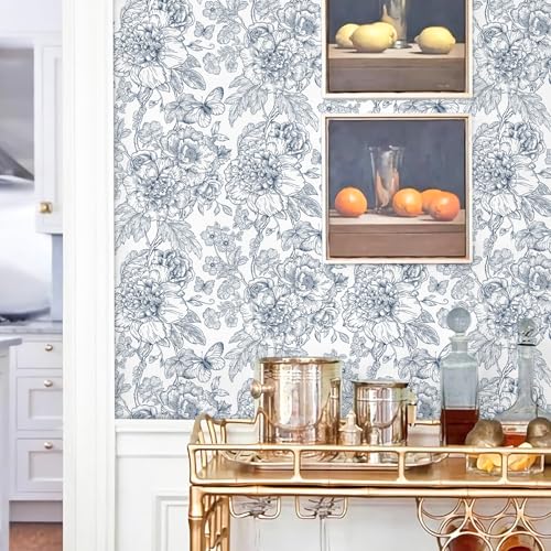 Navy Blue Floral Peel and Stick Wallpaper Boho 118inL 17.3inW Modern Contact Paper for Cabinets and Drawers Self Adhesive Removable Wallpaper for Bedroom Bathroom Waterproof Blue Contact Paper