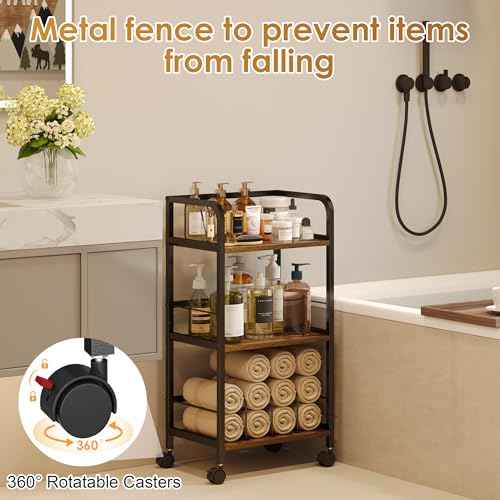 Towel Rack Free Standing Rolling 3-Tier with Removable Dividers & 2 Brake Wheels, Mobile Bathroom Storage Organizer with 3 Wood Shelves for Towels, Toiletries, Poolside Towel Holder