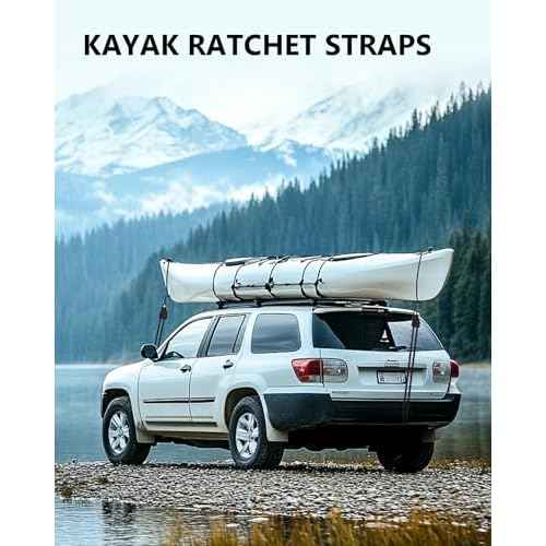 Kayak Straps Tie Downs 8 Pack Set, Roof Rack Straps Adjustable Ratchet Tie Down Straps with Lock S Hooks, 1/4 Inch 12 Feet Ratchet Straps for Small Cargo, Kayak-Soft Loops, Packing, Camping Gear