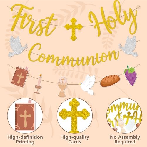Pre-Strung 9.8 Ft First Holy Communion Glitter Gold Banner, Christian Religious Banner Baptism Decorations for Kids Boy Girl Baby Shower Party Supplies