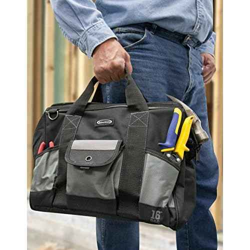 McGuire-Nicholas 16" Builder's Tool Bag With Interior Pocket Storage | Small Tools Jobsite Organization, Black/Gray