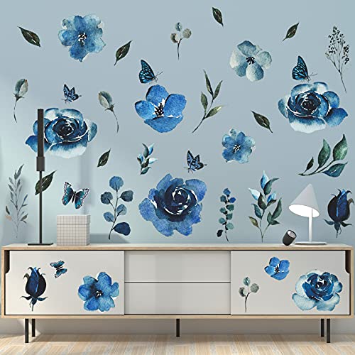 4 Sheets Watercolor Blue Roses Wall Decals Art Flowers Wall Stickers Removable Hay Leaf Flower Bud DIY Vinyl Peel and Stick Mural for Girls Bedroom Living Room Sofa Backdrop TV Wall Home