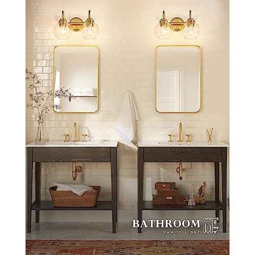 Bathroom Light Fixtures, 2-Light Brushed Gold Vanity Lights with Globe Clear Glass, Champagne Bronze Vanity Lighting Fixtures Over Mirror, AD-22280-2W-GD