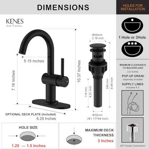 KENES Matte Black Bathroom Sink Faucet, Bathroom Faucets Single Handle Modern Prep Wet Bar Sink Faucets with Drain Assembly & Deck Plate, Farmhouse RV Camper Outdoor Utility Faucet, KE-9005B-2