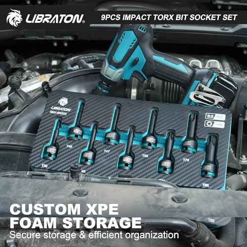 LIBRATON Impact Torx Bit Socket Set, 1/2" Drive, S2 Steel, 9PCS Impact Star Bit Socket Set (T30-T80), High Impact Torx Sockets, XPE Storage, Professional Mechanic and Automotive Repair