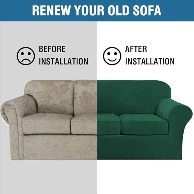 H.VERSAILTEX Modern Velvet Plush 4 Piece High Stretch Sofa Slipcover Sofa Cover Furniture Protector Form Fit Thick Velvet Sofa Cover for 3 Cushion Couch Width Up to 90 Inch (Sofa,Vintage Green)