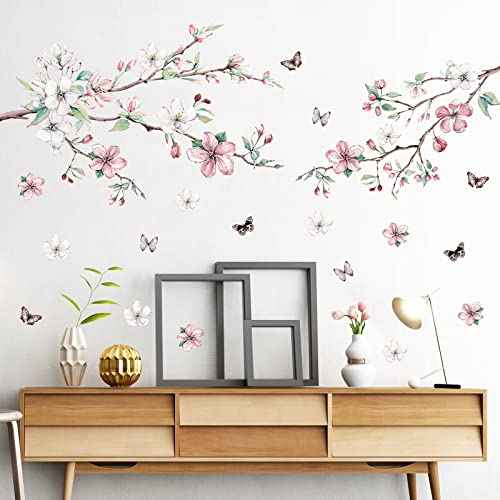 AM AMAONM Removable 3D Ink Style Brown Tree Branches and Pink WhiteFlower Wall Decals Plum Blossom Flowers and Butterfly Wall Sticker Peel and Stick Wall Decor for Home Walls Living Room Kids Baby