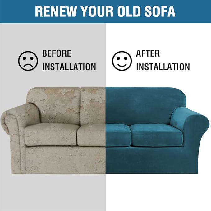 H.VERSAILTEX Velvet 4 Piece High Stretch Sofa Slipcover Cover Furniture Protector Form Fit Luxury Thick Velvet Extra Large Sofa Cover for 3 Cushion Couch Width Up to 105 Inch (XL Sofa, Deep Teal)