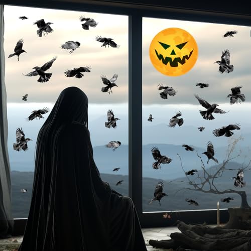 Halloween Decoration Decals for Wall Scary Indoor Halloween Sticker Decor Moon Crow Sticker Halloweens Window Decal Peel and Stick Black Crow Art Murals for Living Room Bedroom Haunted House Supplies