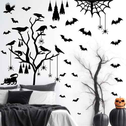 Crow Tree Branch Wall Decals Halloween Vinyl Black Ranven Window Stickers Scary Cat Bat Wall Stickers Spider Crow Halloween Wall Decals Holiday Bat Window Stickers Party Decorations