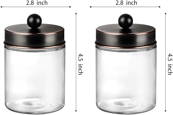 Amolliar 4Pc Apothecary Jars Bathroom Vanity Storage Organizer-Countertop Canister & Stainless Steel Lids &Cute Stickers -Qtip Dispenser Holder for Qtips,Cotton Swabs,Makeup Sponge(Oil Rubbed Bronze)
