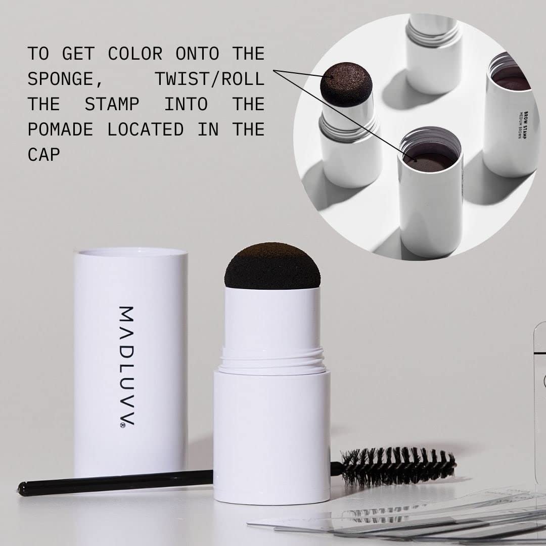 MADLUVV Brow Stamp Kit with Brow Stencils – Easy Eyebrow Shaper for Natural-Looking Brows – Popular Eyebrow Stencil Kit Used by Professionals – 9 Shapes, Spoolie, Travel Bag & Stamp (Soft Brown)