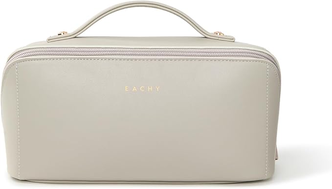 EACHY Travel Makeup Bag, Large Capacity Cosmetic Bag for Women, Waterproof PU Leather, Flat Open Portable Toiletry Bag for Skincare, Brushes & Travel Essentials