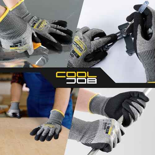 COOLJOB ANSI A5 Cut Resistant Gloves - 3/12 Pairs, Nitrile Rubber Dipped Safety Work Gloves for Men, Knife Proof with Grip Coating for Construction Warehouse Glass Wood Work, Grey Medium
